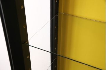 ガラス収納棚を新規製作!上段建具、両サイド、棚板をガラスで製作。本体はマットブラック、収納棚内背板はイエローでペイント仕上げ。(収納棚、キャビネット、飾り棚、カップボード)