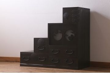 階段箪笥を新規製作!明治期の引き手と錠前金具を使用。本体は新材で製作。引き戸に月とうさぎの透かし。濃い茶色で着色し仕上げ。(和タンス、収納箪笥)