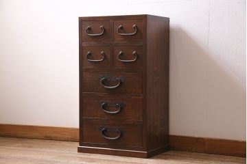 小引き出しを新規製作!明治期の箪笥の金具を取り付け。ヒノキ無垢材を使用。濃い茶色で着色し仕上げ。(チェスト、引き出し)