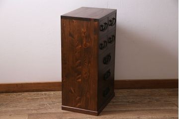 小引き出しを新規製作!明治期の箪笥の金具を取り付け。ヒノキ無垢材を使用。濃い茶色で着色し仕上げ。(チェスト、引き出し)