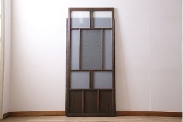 大正ロマンなガラス戸を新規製作!色ガラス、花菱模様ガラス、すりガラスを組み入れ。濃い茶色で着色し仕上げ。(引き戸、建具)