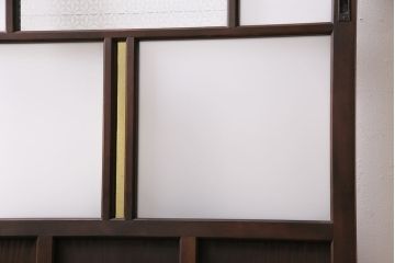 大正ロマンなガラス戸を新規製作!色ガラス、花菱模様ガラス、すりガラスを組み入れ。濃い茶色で着色し仕上げ。(引き戸、建具)