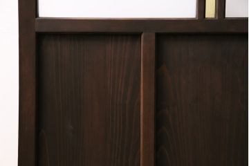 大正ロマンなガラス戸を新規製作!色ガラス、花菱模様ガラス、すりガラスを組み入れ。濃い茶色で着色し仕上げ。(引き戸、建具)