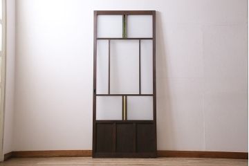 大正ロマンなガラス戸を新規製作!色ガラス、花菱模様ガラス、すりガラスを組み入れ。濃い茶色で着色し仕上げ。(引き戸、建具)