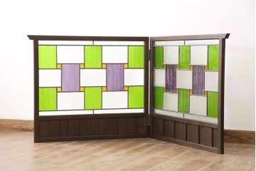 大正ロマンな衝立を新規製作!当店商品を参考にデザイン。結霜ガラス、黄色・緑・紫の色ガラスを組み入れ。(つい立て、パーテーション)