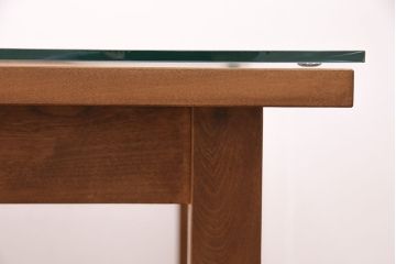 ダイニングテーブルを新規製作!七宝文様のレーザー組子入り天板を製作。ガラス天板を取り付け。本体は黄味がかった茶色で着色し仕上げ。(食卓)