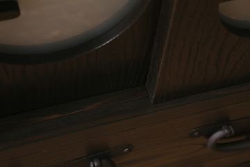 階段箪笥を新規製作!明治期の引き手と錠前金具を使用。本体は新材で製作。引き戸に月とうさぎの透かし。濃い茶色で着色し仕上げ。(和タンス、収納箪笥)