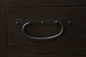 階段箪笥を新規製作!明治期の引き手と錠前金具を使用。本体は新材で製作。引き戸に月とうさぎの透かし。濃い茶色で着色し仕上げ。(和タンス、収納箪笥)