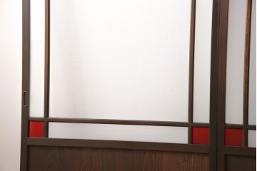 大正ロマンなガラス戸3枚を新規製作!色ガラス・花菱ガラス、すりガラスを組み入れ、吊り金具用の加工。引き手の取り付け。濃い茶色で着色し仕上げ。(引き戸、建具)