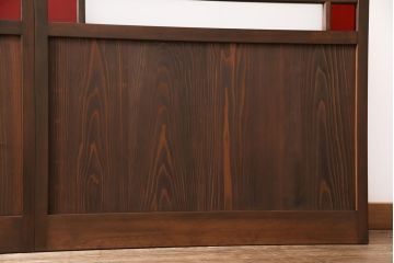大正ロマンなガラス戸3枚を新規製作!色ガラス・花菱ガラス、すりガラスを組み入れ、吊り金具用の加工。引き手の取り付け。濃い茶色で着色し仕上げ。(引き戸、建具)