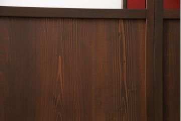 大正ロマンなガラス戸3枚を新規製作!色ガラス・花菱ガラス、すりガラスを組み入れ、吊り金具用の加工。引き手の取り付け。濃い茶色で着色し仕上げ。(引き戸、建具)