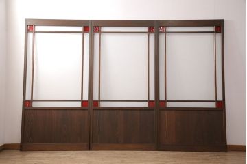 大正ロマンなガラス戸3枚を新規製作!色ガラス・花菱ガラス、すりガラスを組み入れ、吊り金具用の加工。引き手の取り付け。濃い茶色で着色し仕上げ。(引き戸、建具)