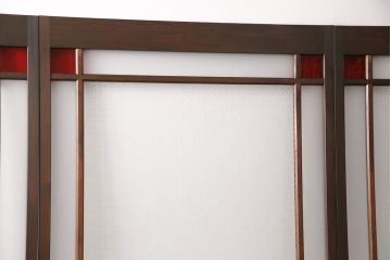 大正ロマンなガラス戸3枚を新規製作!色ガラス・花菱ガラス、すりガラスを組み入れ、吊り金具用の加工。引き手の取り付け。濃い茶色で着色し仕上げ。(引き戸、建具)