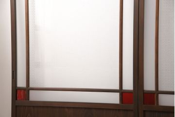 大正ロマンなガラス戸3枚を新規製作!色ガラス・花菱ガラス、すりガラスを組み入れ、吊り金具用の加工。引き手の取り付け。濃い茶色で着色し仕上げ。(引き戸、建具)