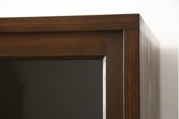 二段重ね食器棚を新規製作!上下段ともに棚内部は可動式の棚板を取り付け、引き出しはスライドレール付きに。建具はクリアガラスを使用。お好みの色に着色仕上げ。(重ね戸棚、収納棚、カップボード、キャビネット)