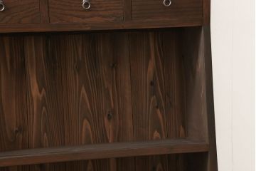 ブックシェルフを新規製作!当店の商品を参考にしたデザイン・希望のサイズにて。配線穴開け加工をし、色味は茶色1色に着色。(収納棚、本棚、ウッドシェルフ)