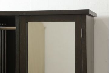 ハンガー収納付姿見を新規製作!鏡面内部は可動式の棚板5枚とハンガーアイアンを取り付け。濃い茶色で着色仕上げ。(洋服タンス、収納棚、戸棚、キャビネット、ワードローブ)