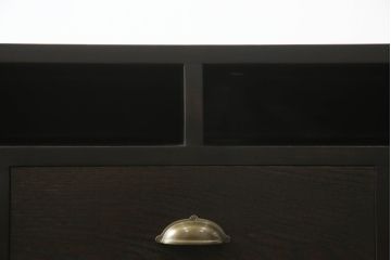 テレビ台を新規製作!オープンラックには配線用の穴開け加工、戸棚内部は可動式の棚板を設置。濃い茶色で着色仕上げ。(サイドテーブル、サイドキャビネット、収納棚、引き出し)