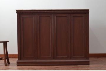 軽井沢カフェ物件で使用するデシャップカウンターを新規製作!全体のデザインや色もお客様のご希望通りに。(カウンターテーブル、収納棚、戸棚、サイドボード、店舗什器)