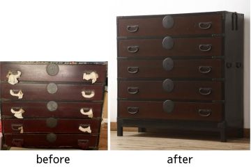 桐箪笥に脚の取り付けリメイク!高品質リペアを施し、オリジナルの色を基準に着色仕上げ。