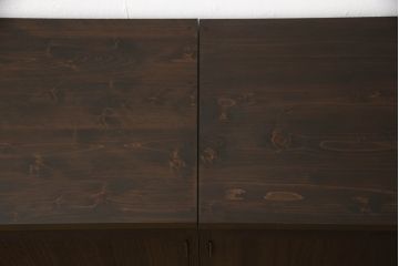 3段重ね桐箪笥の上段をテレビ台にリメイク!高さを調整し、観音扉の取っ手金具を交換。既存の衣装盆1枚を棚板に加工し、ヒノキ材の天板を取り付け。チェスナット系で着色。