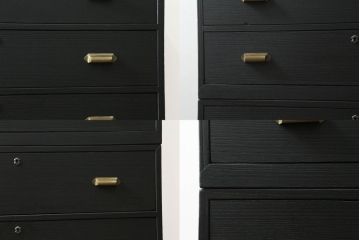3段重ね桐箪笥をローボードとチェストにリメイク!ローボードは板戸をガラス戸に変更と鉄脚取り付け。チェストは天板と本体でバイカラー仕上げ。どちらも取っ手を付け替えモダンな雰囲気に。