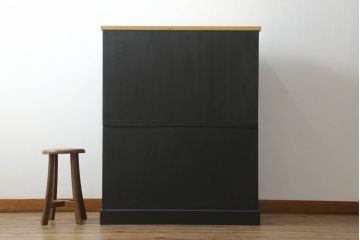 3段重ね桐箪笥をローボードとチェストにリメイク!ローボードは板戸をガラス戸に変更と鉄脚取り付け。チェストは天板と本体でバイカラー仕上げ。どちらも取っ手を付け替えモダンな雰囲気に。