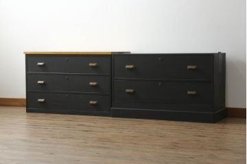 3段重ね桐箪笥をローボードとチェストにリメイク!ローボードは板戸をガラス戸に変更と鉄脚取り付け。チェストは天板と本体でバイカラー仕上げ。どちらも取っ手を付け替えモダンな雰囲気に。