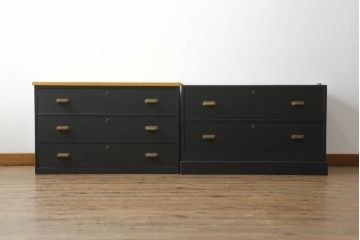 3段重ね桐箪笥をローボードとチェストにリメイク!ローボードは板戸をガラス戸に変更と鉄脚取り付け。チェストは天板と本体でバイカラー仕上げ。どちらも取っ手を付け替えモダンな雰囲気に。