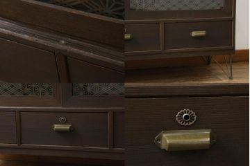 桐箪笥をローボードとチェストにリメイク!上段は引き戸に組子デザインのレーザー加工を。取っ手も交換し、天板と脚を取り付けローボードに。中下段は引き出しにレーザー組子を取り入れ、元の形を活かしつつチェストに。2台ともチェス系に着色して仕上げ。