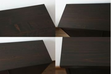 桐箪笥をローボードとチェストにリメイク!上段は引き戸に組子デザインのレーザー加工を。取っ手も交換し、天板と脚を取り付けローボードに。中下段は引き出しにレーザー組子を取り入れ、元の形を活かしつつチェストに。2台ともチェス系に着色して仕上げ。