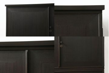 桐箪笥をローボードとチェストにリメイク!上段は引き戸に組子デザインのレーザー加工を。取っ手も交換し、天板と脚を取り付けローボードに。中下段は引き出しにレーザー組子を取り入れ、元の形を活かしつつチェストに。2台ともチェス系に着色して仕上げ。