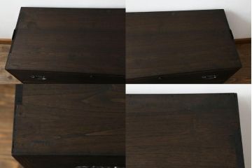 三段重ね桐箪笥をサイドボードとローチェストにリメイク!上段は天板と脚を取り付けサイドボードに。中段は元の形をそのまま活かし、下段は台輪をカット。ローチェスト2台に。3台とも全体をステイン塗料で着色して仕上げ。