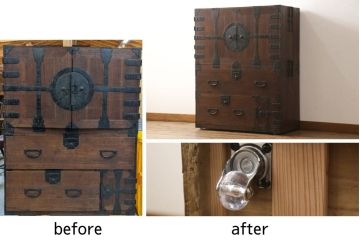 重ね桐箪笥を綺麗に再生!全体をオーク系塗料で着色。下段の底面にはクリアキャスターを取り付け。