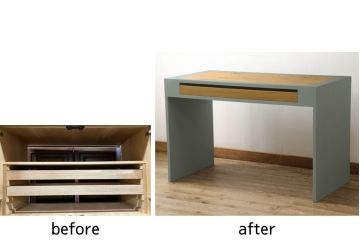 箪笥内の衣装盆を利用してハイテーブルにリメイク!ハイテーブルを新たに制作し、衣装盆を引き出しとして設置。天板と引き出しを明るい茶色に着色し、他の部分を水色にペイント仕上げ。