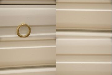 箪笥を2つのチェストにリメイク!上段は既存の天板を取り外し、脚を取り付け。上下段いずれもヒノキ無垢材の天板と取っ手を取り付け。本体はアンティークホワイトにペイント、天板はステイン塗料仕上げ。