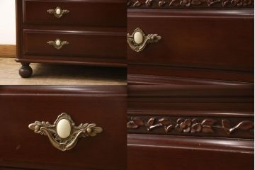 婚礼箪笥をチェストとローボードにリメイク!上段は脚を取り付けチェストに。下段は天板と脚を取り付けローボードに。いずれも引き出しの取っ手の装飾を作成して取り付け、現状の色味で仕上げ。