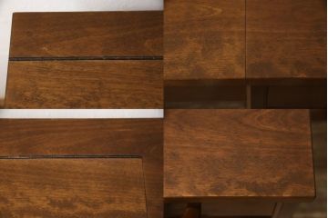 箪笥を大小2つのドレッサーと写真立てにリメイク!ドレッサーはフラップ式の天板の内側に鏡を取り付け、台輪を製作。卓上ドレッサーは引き出しを活かしつつ鏡を取り付ける木部を新たに作成。残りの部材で写真立てを作成。