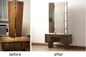 ドレッサーを綺麗に再生!高品質リペアを施し、鏡を交換。開き戸右側にはトレーを製作。天板は塗装を剥離し、グラデーションカラーになるよう再塗装。