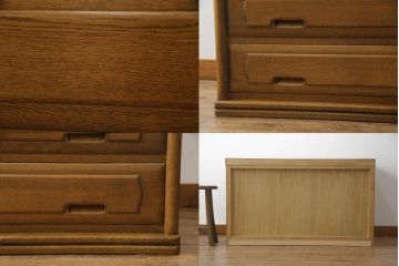 重ね箪笥を4つのチェストにリメイク!元の引き出しのセパレート部分を縦に分割。それぞれ天板、側面、台輪を付けて小さなチェストに。ワントーン落ち着いた色に着色仕上げ。