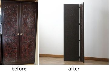 洋服箪笥を屏風にリメイク!扉2枚を使用し、取っ手、ネクタイ掛けを取り外して二つ折り仕様の屏風に。塗装の剥げている部分や加工部分を着色して仕上げ。