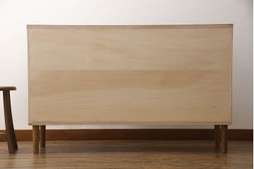 ワードローブを姿見とリビングボードにリメイク!左扉の鏡は背面に壁掛け用の金具とチェーンを取り付け、姿見に。本体は高さと奥行を詰め、左に引き出し・右に棚板を設置。脚付きリビングボードに。2点とも元の色味をベースに、着色して仕上げ。