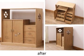 桐材収納棚を茶棚にリメイク!棚下のローラーを取り外し、透かし彫りを復元。右側引き出し上部に渡し板を取り付け。蜜蝋ワックス仕上げに。