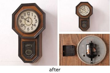 掛け時計を綺麗に再生!高品質リペアを施し、電池式ムーブメントを取り付け。曲がった文字盤を矯正し、クリーニングと自然な着色で仕上げ。