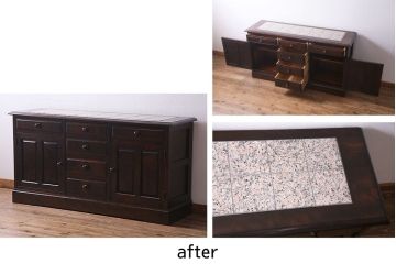 サイドボードの天板をタイルトップにリメイク!高品質リペアを施し、御影石を使用したタイルトップ天板に加工。