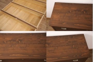 3段重ね桐箪笥を2つのローボードとチェストにリメイク!上段はオープンラックと引き出しを2杯追加。金具を交換し、台輪を取り付け。中段は台輪を取り付けて、ガラス天板を追加。下段はヒノキ材の天板を設置。いずれもキャスターを取り付け、オーク系に着色仕上げ。