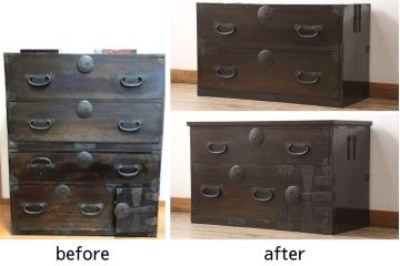 二段箪笥を衣装箪笥とテレビボードにリメイク!上段は高品質リペアを施し、衣装箪笥に。下段はヒノキ無垢材の天板を取り付けてテレビボードに。いずれも現状の色味を活かして塗装仕上げ。