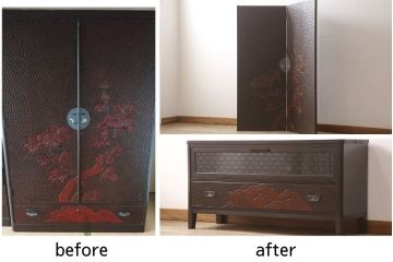 観音扉箪笥を衝立とテレビボードにリメイク!扉2枚を蝶番でつなぎ衝立に。下段引き出し部分はテレビボードに加工。引き出し上部に新たにガラス入りフラップダウン扉の棚を作成。天板と脚を取り付け、新材部分は本体の色味に合わせて仕上げ。