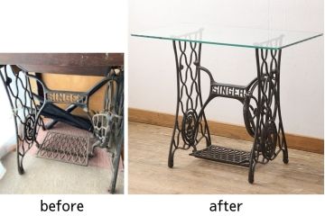 ミシン台をテーブルにリメイク!ミシン部分を取り外し、強化ガラスの天板を取り付け。