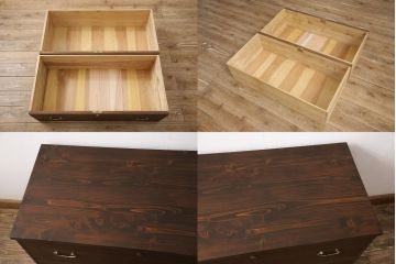 3段重ね桐箪笥をテレビボードと2つのチェストにリメイク!上段は引き出しを撤去し、棚板に変更してテレビボードに。下段は鍵穴隠しを交換。全て天板を追加し、オーク系に着色仕上げ。